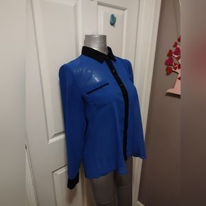 Mine Sheer Button Up Blouse Royal Blue & Black Size M NWOT